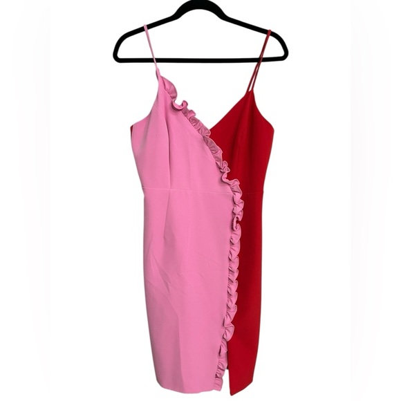 Bardot Revolve Sherbet Bomb Red Pink Colorblock Ruffle Mini Zip Dress Size 8 - Picture 1 of 4